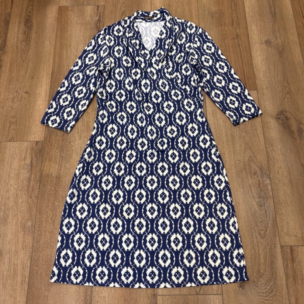 🌟 J. MCLAUGHLIN 🌟 IKAT PRINT CATALINA CLOTH FAUX WRAP KNIT DRESS BLUE SZ L